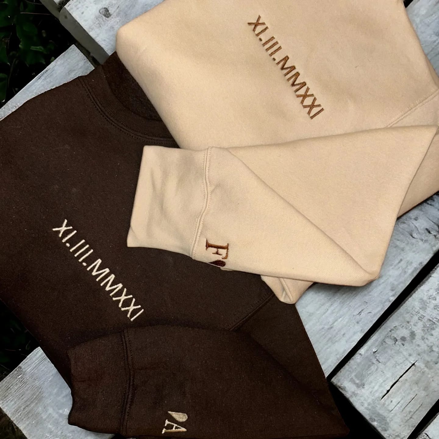 Roman Numerals & Initials on Sleeve - Couples Crewneck Sweatshirt